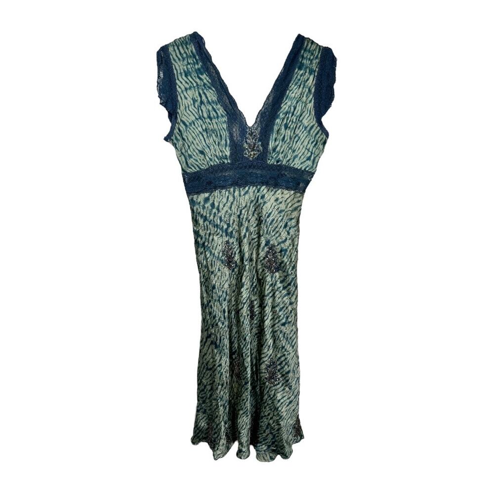 Vintage Y2K Tie Dye Embellished Silk Slip Dress Medium Blue Beaded 2000s Lace